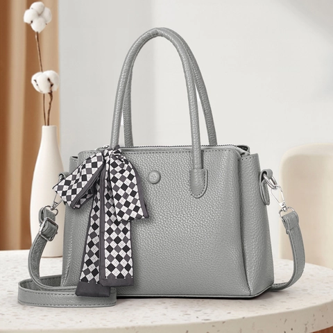 Women Handbag PU Leather Lychee Texture Crossbody Shoulder Bag With Satin Scarf Decor Elegant Trendy Square Tote