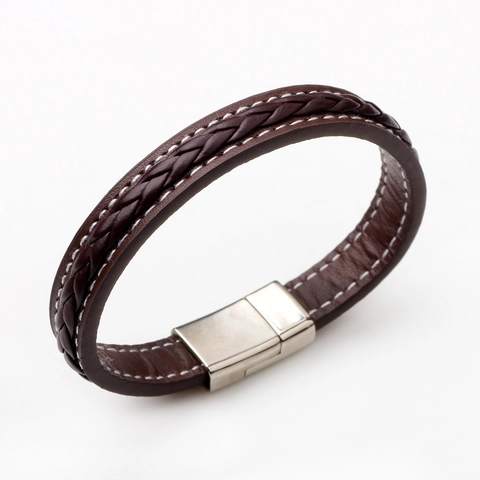 Herren Geflochtenes PU Lederarmband Punk Vintage Stil Mit Magnetischem Legierungsverschluss Und Kontrastnaht