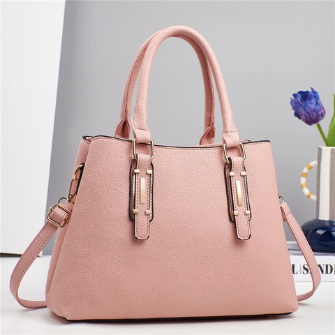 Women Lychee Pattern PU Leather Handbag Fashion Shoulder Crossbody Bag With Double Handles And Gold Hardware