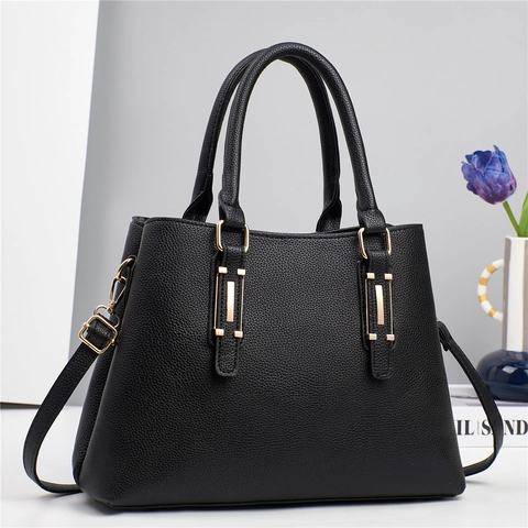 Women Lychee Pattern PU Leather Handbag Fashion Shoulder Crossbody Bag With Double Handles And Gold Hardware