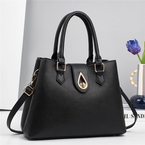 Borsa A Mano Da Donna In Pelle PU Trama Litchi Borsa A Tracolla Grande Capacità Serratura Dorata Stile Minimalista Urbano