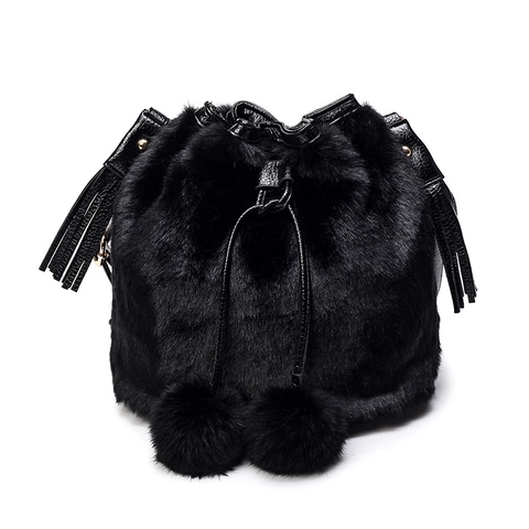 Women Faux Fur Bucket Bag With Pom Pom Tassels Plush Drawstring Shoulder Crossbody Fashion Winter