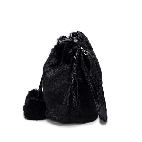 Women Faux Fur Bucket Bag With Pom Pom Tassels Plush Drawstring Shoulder Crossbody Fashion Winter