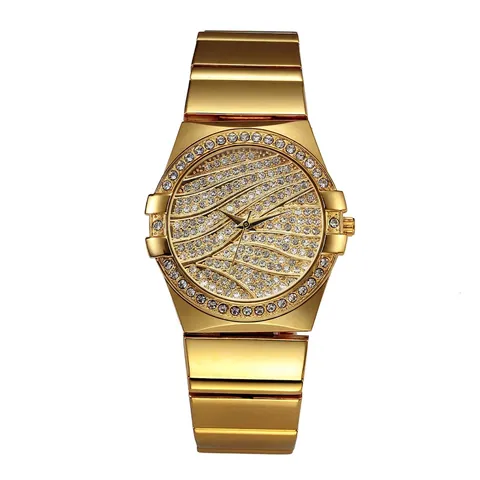 Orologio Al Quarzo Di Lusso Per Uomini Strass Ghiacciati Cinturino In Lega Impermeabile Quadrante Rotondo Motivo A Onde