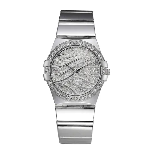 Orologio Al Quarzo Di Lusso Per Uomini Strass Ghiacciati Cinturino In Lega Impermeabile Quadrante Rotondo Motivo A Onde