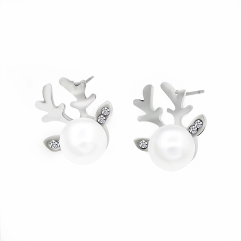 Fashion Christmas Reindeer Antler Artificial Pearl Stud Earrings Alloy Micro Inlaid Rhinestone Deer Head Elegant Festive Earrings For Women Jewelry