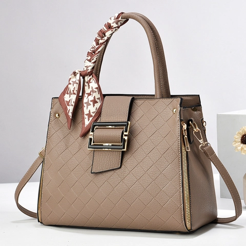 Women Elegant Handbag PU Leather Woven Quilted Shoulder Bag With Decorative Scarf And Metal Buckle Crossbody Purse