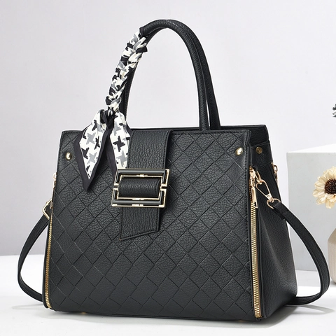 Women Elegant Handbag PU Leather Woven Quilted Shoulder Bag With Decorative Scarf And Metal Buckle Crossbody Purse