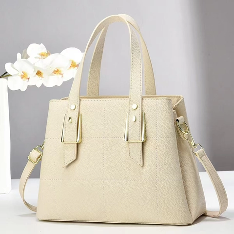 Quilted Litchi Grain PU Leather Handbag For Women Large Capacity Tote Shoulder Bag With Gold Hardware And Detachable Strap
