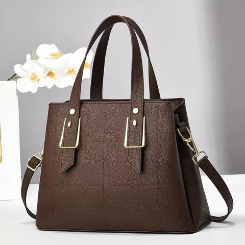 Quilted Litchi Grain PU Leather Handbag For Women Large Capacity Tote Shoulder Bag With Gold Hardware And Detachable Strap
