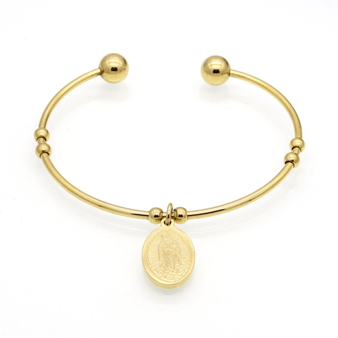 Bracciale Rigido Religioso In Acciaio Inossidabile Placcato Oro 18K Medaglia San Benedetto Vergine Maria Unisex