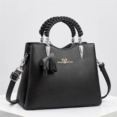 Borsa A Mano Da Donna In Pelle PU Con Motivo Litchi Borsa A Tracolla Con Manico Intrecciato Ciondolo Elefante Grande Capacità
