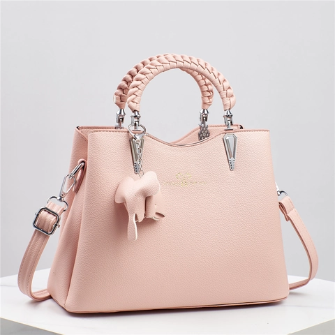 Borsa A Mano Da Donna In Pelle PU Con Motivo Litchi Borsa A Tracolla Con Manico Intrecciato Ciondolo Elefante Grande Capacità
