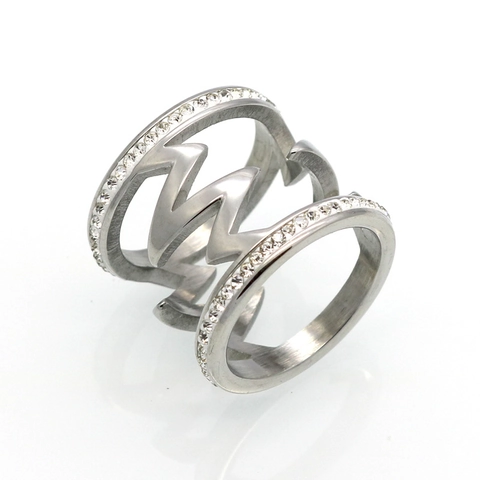 Anillo De Doble Capa Hueco Con Forma De Z Rayo Acero Inoxidable 316L Diamantes De Imitación Incrustados Joyería De Moda Para Parejas