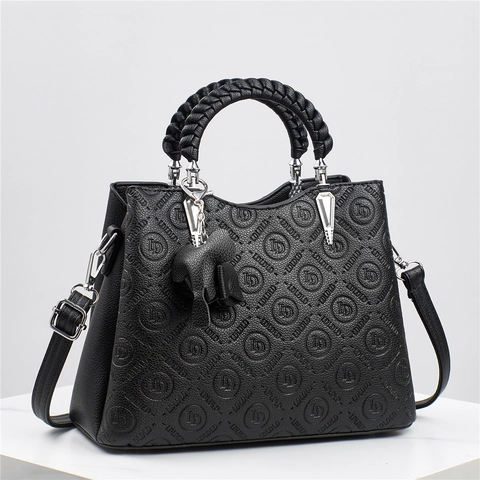 Sac À Main En Cuir PU Gaufré Pour Femmes Avec Poignée Tissée Et Charme D'Éléphant Sac À Bandoulière Élégant Grande Capacité