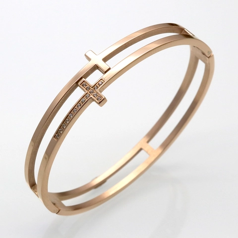 Double Layer Cross Bangle Stainless Steel Rhinestone Hollow Fashion Jewelry For Women