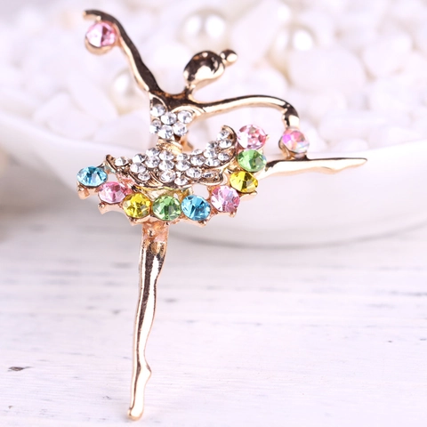 Elegant Alloy Colorful Rhinestone Ballerina Dancer Brooch For Women Fashion Clothing Jewelry Gift Gold Tone Lapel Pin