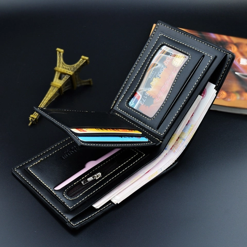 Portafoglio Bifold Uomo Pelle PU Motivo Litchi Corto Business Casual Multi Slot Carte Tasca Zip Finestra Foto