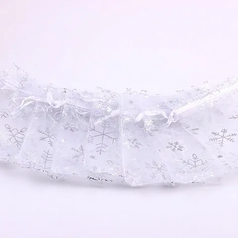 Christmas Snowflake Organza Drawstring Bags Gold Silver Printing Jewelry Gift Packaging Wedding Party Favor Pouches