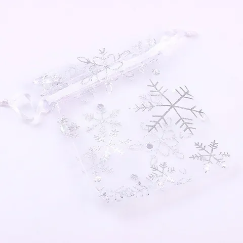 Christmas Snowflake Organza Drawstring Bags Gold Silver Printing Jewelry Gift Packaging Wedding Party Favor Pouches