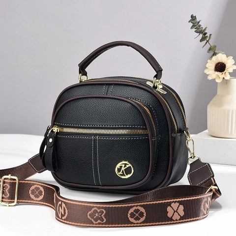 Women Crossbody Shoulder Bag PU Litchi Grain Multi Zipper Wide Jacquard Strap Casual Elegant Minimalist Handbag Tote