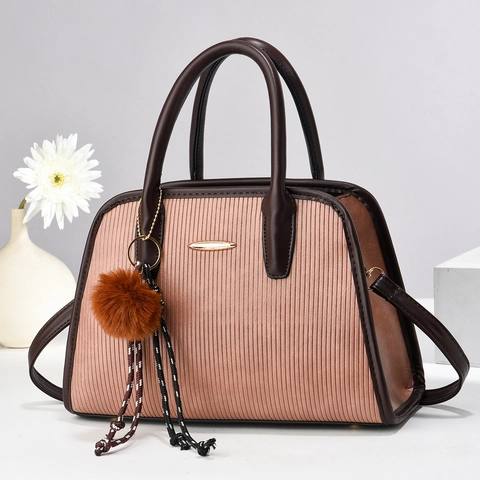 Women Handbag PU Leather Vertical Stripe Shoulder Crossbody Bag Large Capacity Tote With Pom-Pom Charm Luxury Fashion