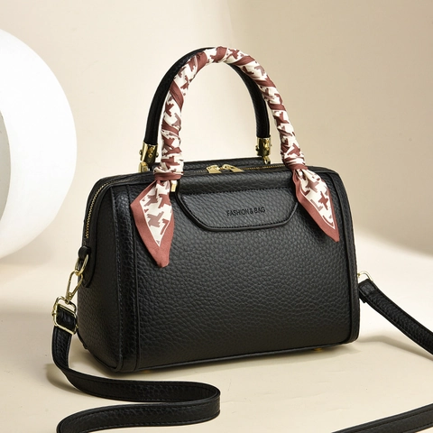 Women Boston Bag Lychee Pattern PU Leather Handbag With Satin Scarf Decor Shoulder Crossbody Chic Versatile Elegant