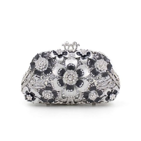 Evening Clutch Bag Metal Rhinestone Enamel Floral Hollow Crown Clasp Luxury Vintage Wedding Party Banquet Handbag