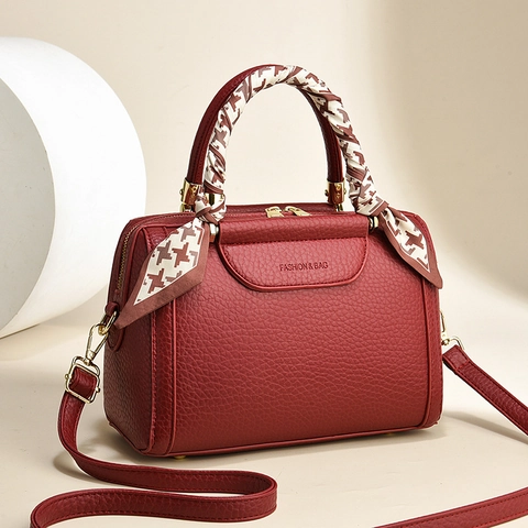 Women Boston Bag Lychee Pattern PU Leather Handbag With Satin Scarf Decor Shoulder Crossbody Chic Versatile Elegant