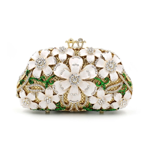Evening Clutch Bag Metal Rhinestone Enamel Floral Hollow Crown Clasp Luxury Vintage Wedding Party Banquet Handbag