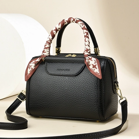 Damen Boston Tasche PU Leder Litschi Muster Mit Schal Dekor Mode Handtasche Schulter Umhängetasche