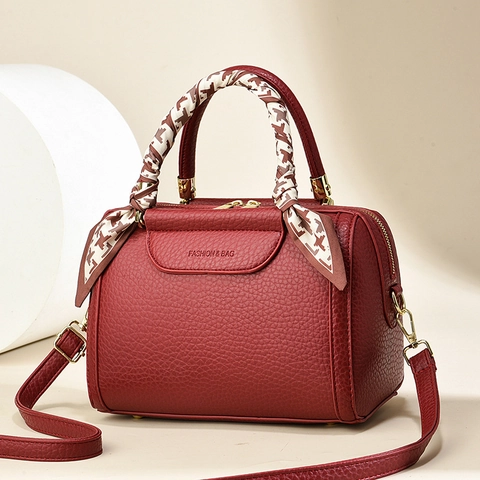 Damen Boston Tasche PU Leder Litschi Muster Mit Schal Dekor Mode Handtasche Schulter Umhängetasche