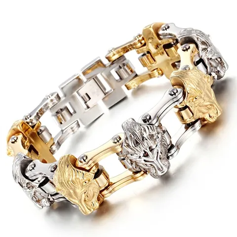 Bracelet Tête De Loup Lion Pour Hommes Acier Inoxydable Chaîne De Vélo Industrielle Lourde Punk Rock