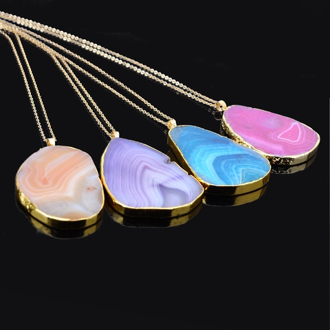 Collar Colgante Rebanada Piedra Natural Ágata Irregular Geométrico Borde Dorado Aleación Joyería Estilo Bohemio Mujeres