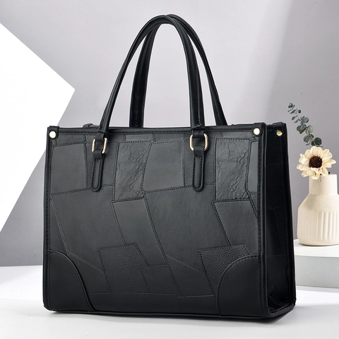 Sac Fourre-tout En Cuir PU Patchwork Pour Femmes Grande Capacité Motif Pierre Sac À Main Géométrique Pour Navette Urbaine Style Simple