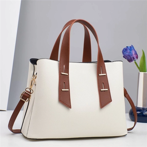 Women Handbag PU Leather Litchi Grain Contrast Color Tote Bag With Golden Hardware Elegant Commuting Shoulder Bag