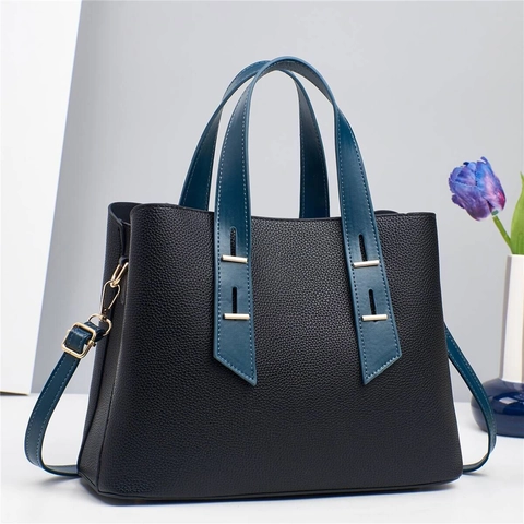 Women Handbag PU Leather Litchi Grain Contrast Color Tote Bag With Golden Hardware Elegant Commuting Shoulder Bag