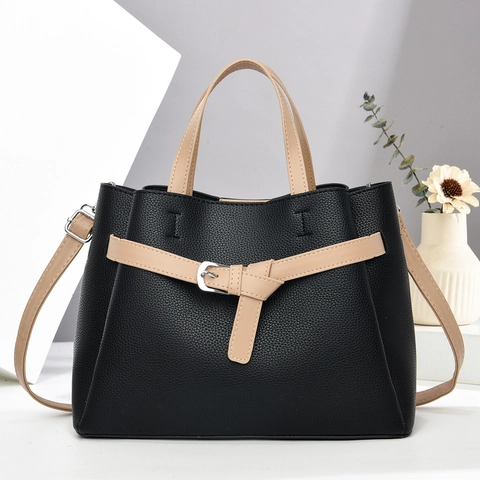 Bolso De Mano Para Mujer Elegante Cuero PU Grano Litchi Patchwork Color De Contraste Gran Capacidad Hombro Bandolera