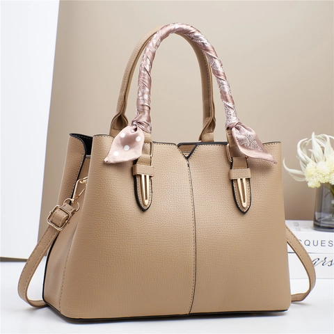 Women Lychee Pattern PU Leather Handbag Elegant Tote Shoulder Bag With Scarf Detachable Strap Golden Hardware