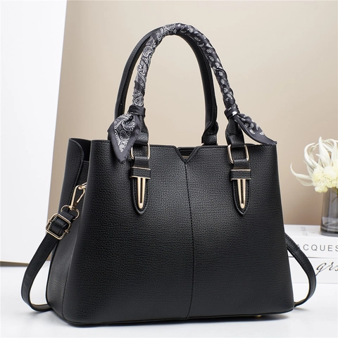 Women Lychee Pattern PU Leather Handbag Elegant Tote Shoulder Bag With Scarf Detachable Strap Golden Hardware