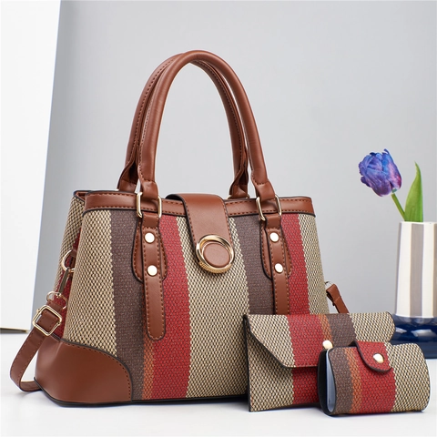 Borsa Da Donna Con Portafoglio E Borsellino Pelle PU A Righe Tote Borsa A Spalla Moda Versatile Casual Per Signora
