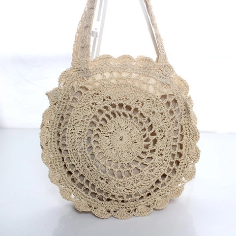 Women Round Straw Shoulder Bag Crochet Paper Rope Hollow Out Ruffle Edge Beach Vacation Handbag With Zipper