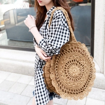Women Round Straw Shoulder Bag Crochet Paper Rope Hollow Out Ruffle Edge Beach Vacation Handbag With Zipper