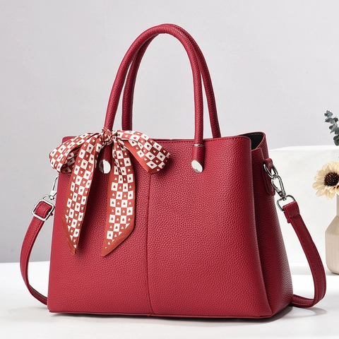 Fashion Women Lychee Grain PU Leather Tote Bag With Satin Scarf Decor Silver Hardware Shoulder Crossbody Handbag