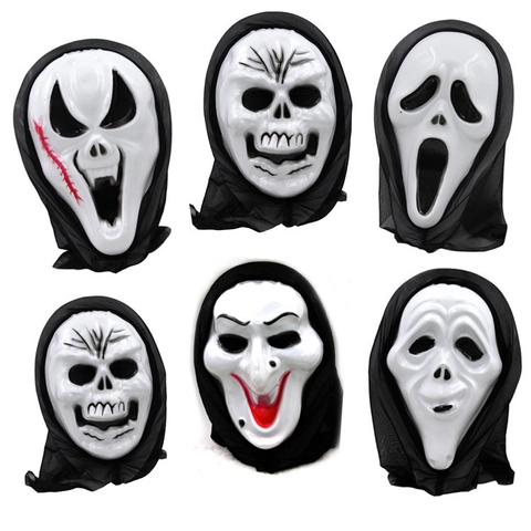Maschera Horror Di Halloween Spaventosa In Plastica Viso Fantasma Scheletro Con Cappuccio In Rete Nera Per Festa