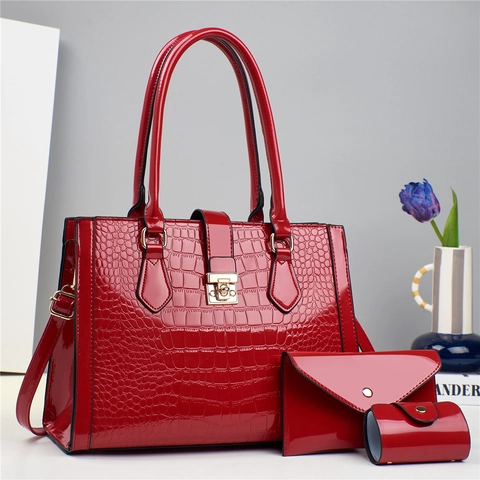 Crocodile Embossed Women Handbag Tote Envelope Clutch And Round Purse Glossy PU Leather Large Capacity Shoulder Bag