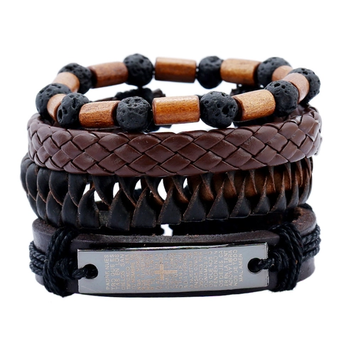 Men's Vintage Cowhide Leather Bracelet Set Braided Cord Wood Beads Lava Stone Spanish Lord's Prayer Metal Plate Punk Jewelry