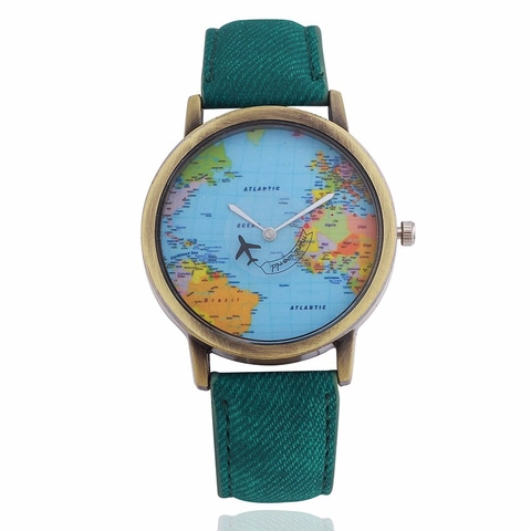 Retro World Map Dial Quartz Watch Airplane Second Hand Alloy Case Denim Strap Creative Travel Casual Wristwatch