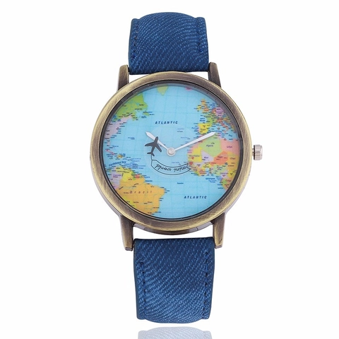 Retro World Map Dial Quartz Watch Airplane Second Hand Alloy Case Denim Strap Creative Travel Casual Wristwatch