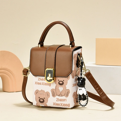 Women Bear Print Crossbody Bag PU Leather Canvas Patchwork Small Square Handbag With Charm Trendy Style